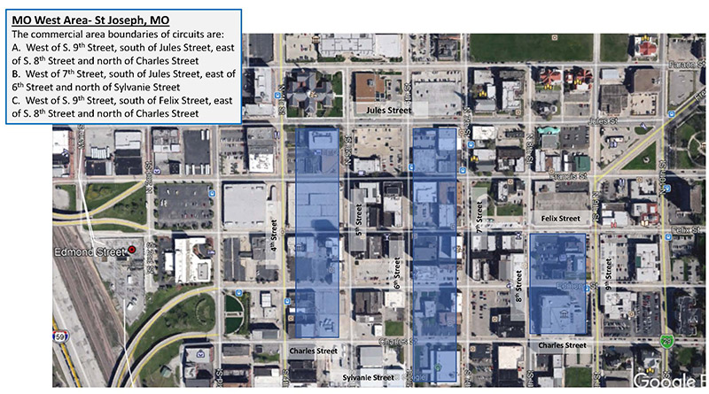 Map of MO West Area- St Joseph, MO. The commercial area boundaries of circuits are: A.  West of S. 9th Street, south of Jules Street, east of S. 8th Street and north of Charles Street B.  West of 7th Street, south of Jules Street, east of 6th Street and north of Sylvanie Street C.  West of S. 9th Street, south of Felix Street, east of S. 8th Street and north of Charles Street